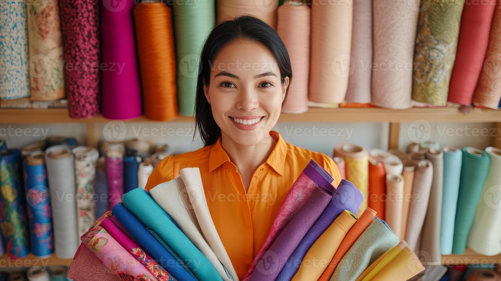 A woman holds an array of vibrant fabrics while smiling amidst bolts of textiles photo