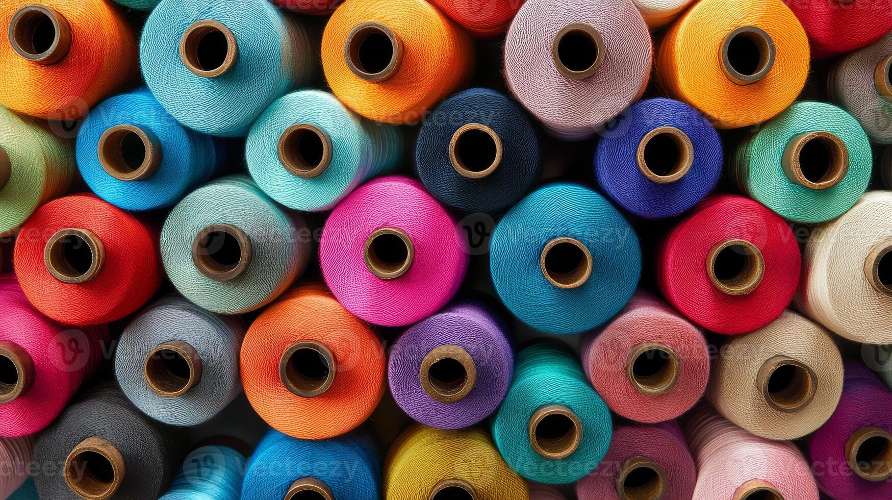 Colorful spools of thread are neatly arranged in a bright, creative workspace photo