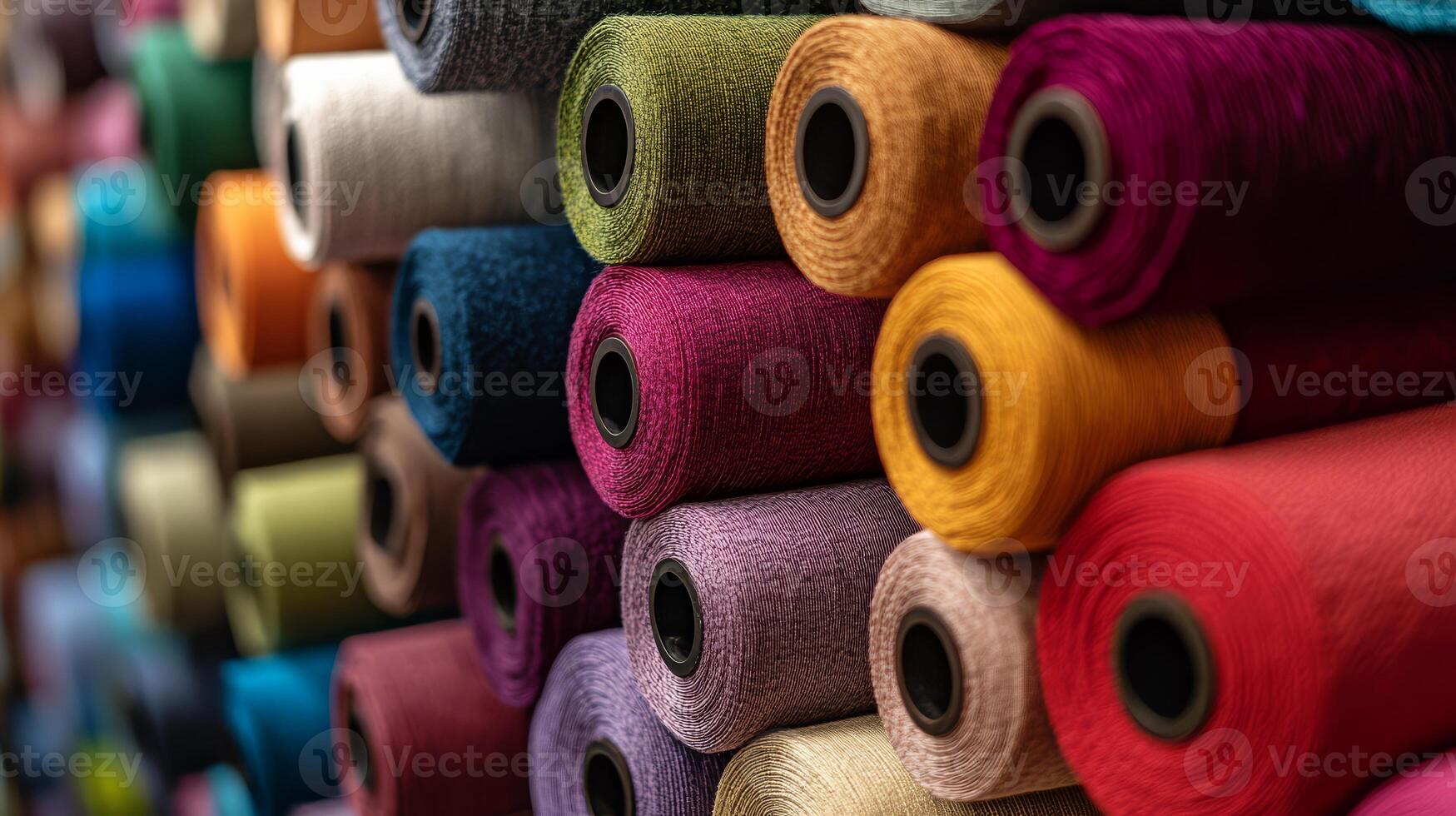 Brightly colored rolls of fabric thread are neatly arranged and ready for crafting photo