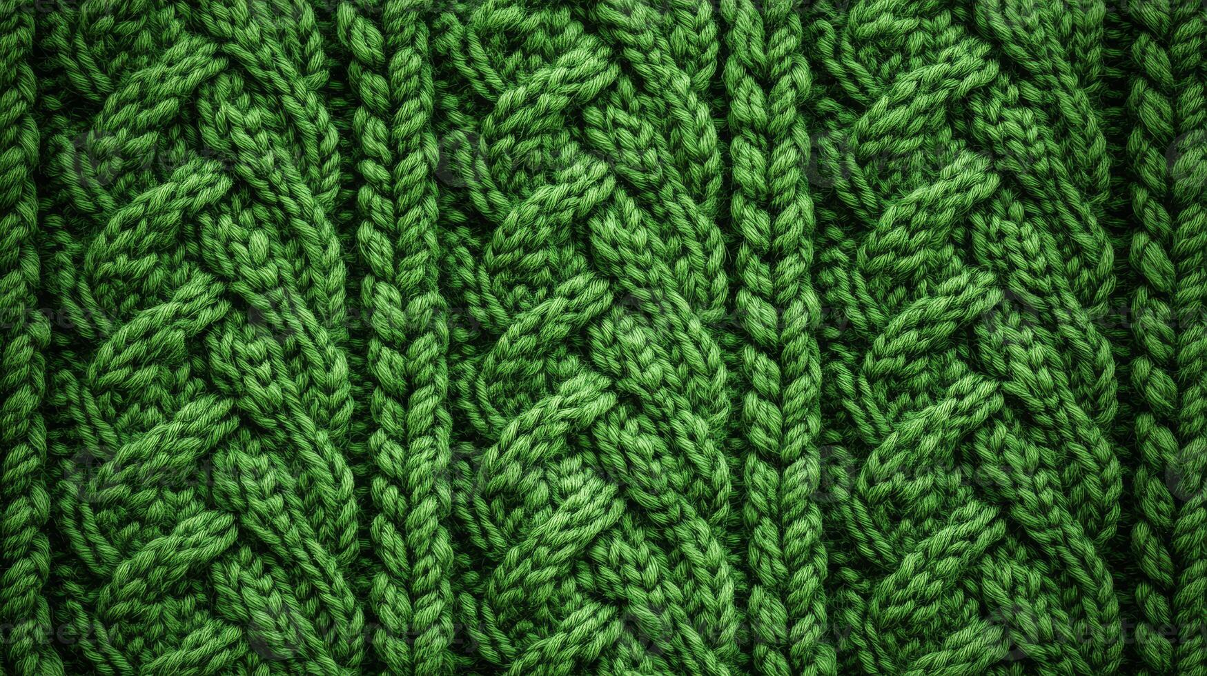 Vibrant green yarn intricately woven into a cozy knitted fabric design photo
