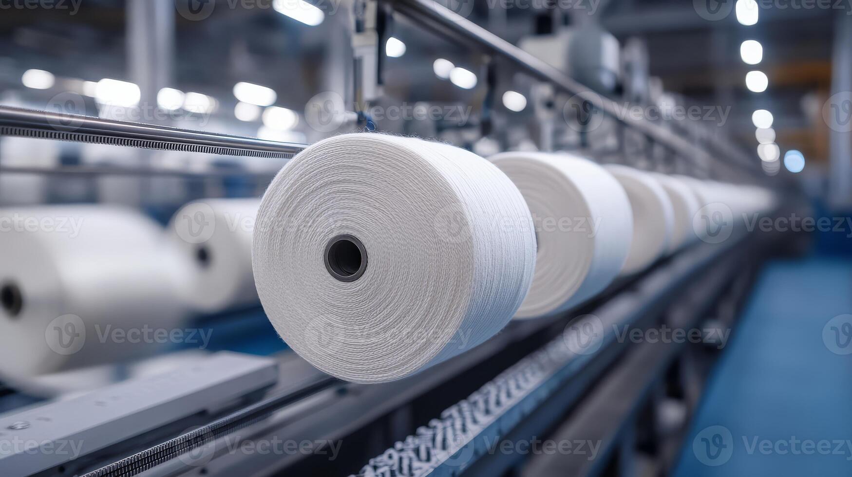 White thread spools are being processed on an industrial textile line photo