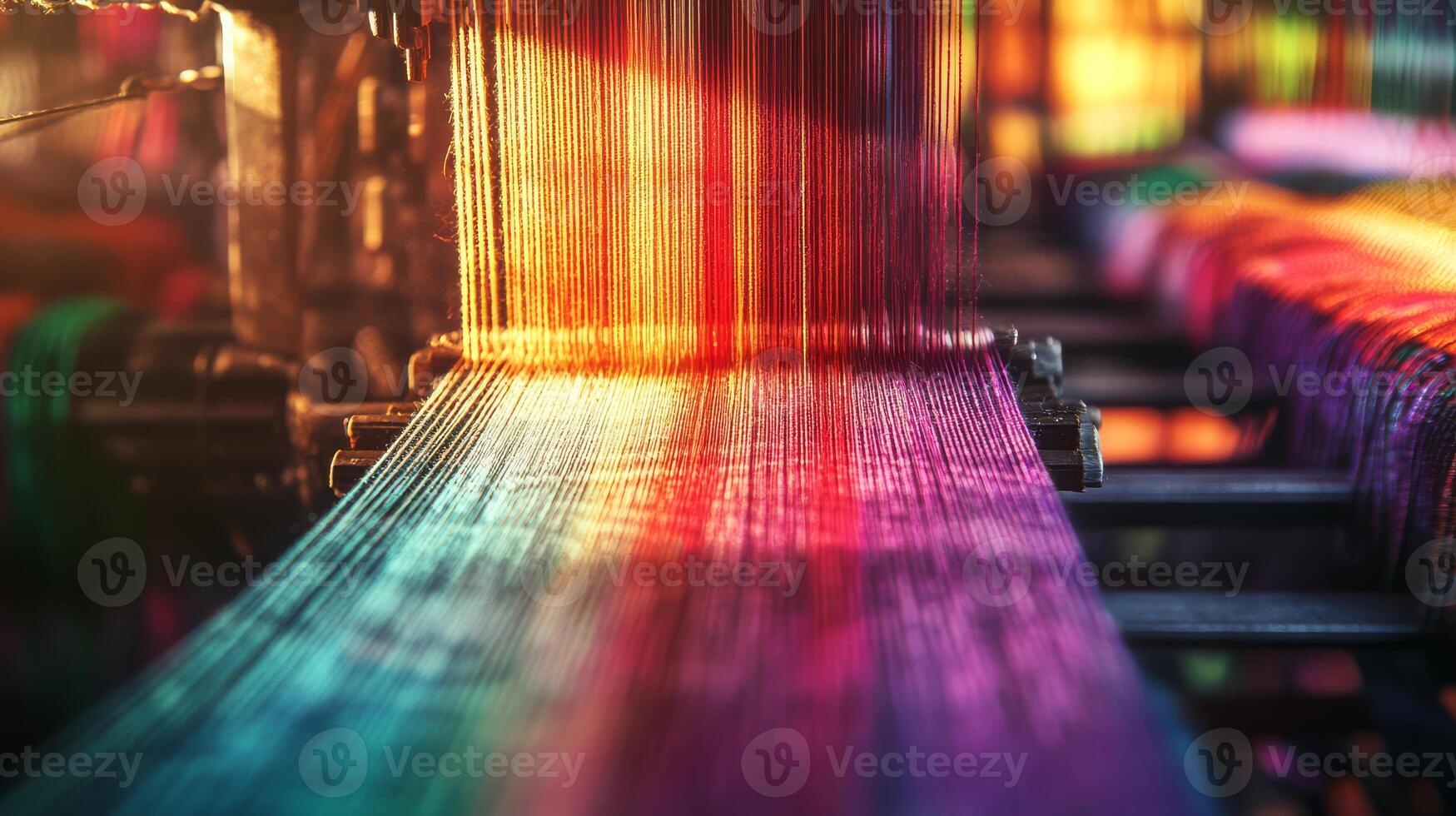 Threads of color blend beautifully on a weaving loom under warm sunlight photo
