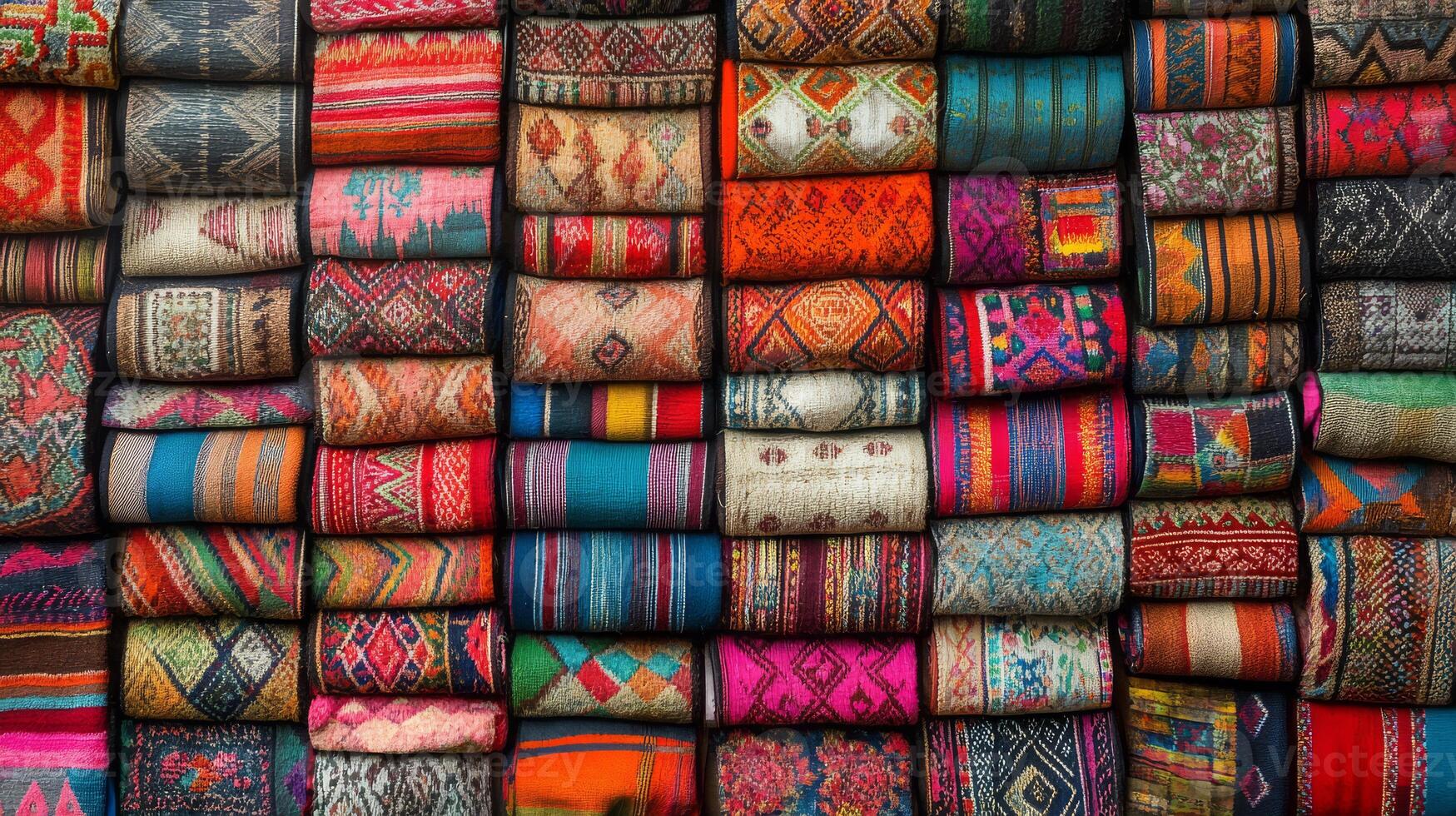 Rolls of intricately designed fabrics showcase craftsmanship in evening light photo