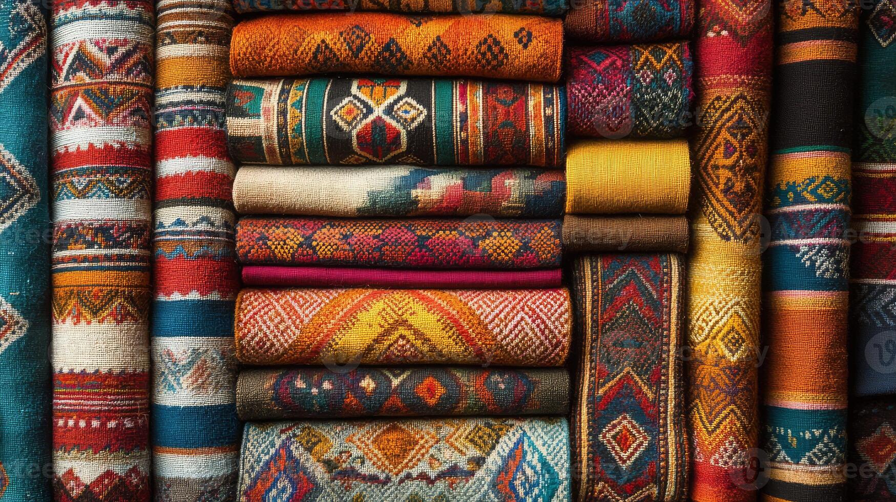 Intricate textiles showcase rich colors and patterns in a bustling market atmosphere photo