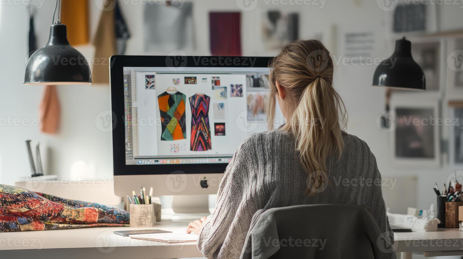 A designer explores colorful fashion designs on a computer screen photo
