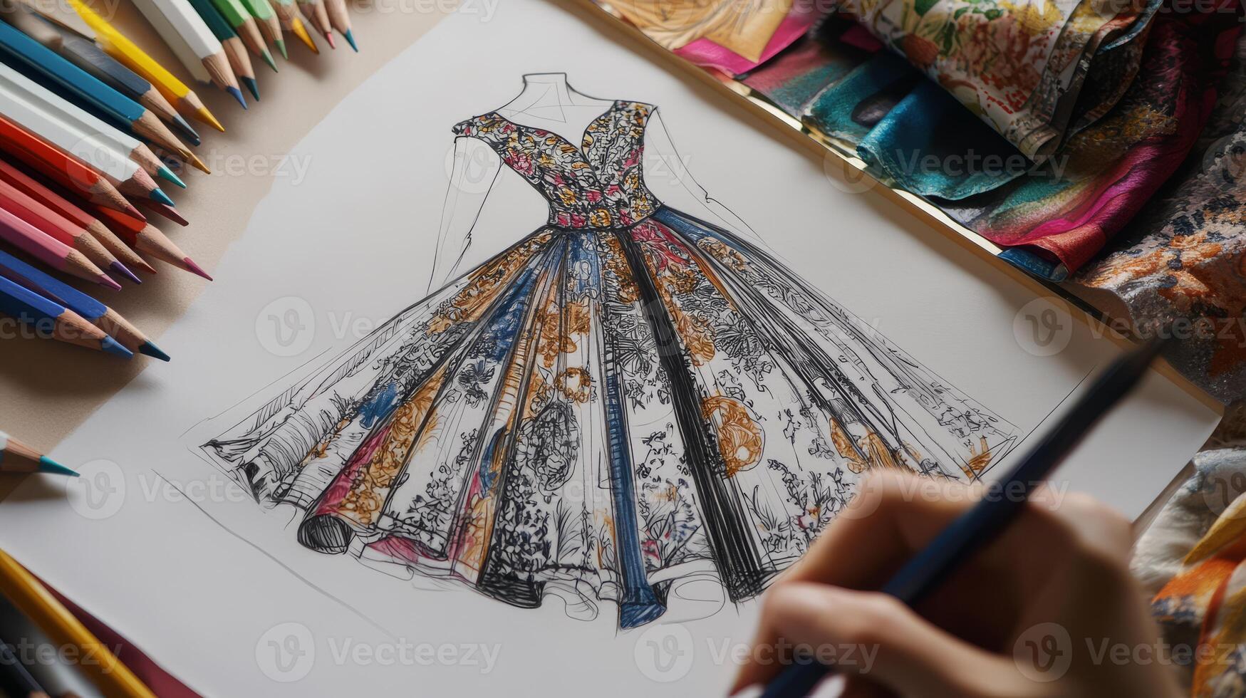 A handcrafted dress design emerges from vibrant sketches and beautiful fabrics photo