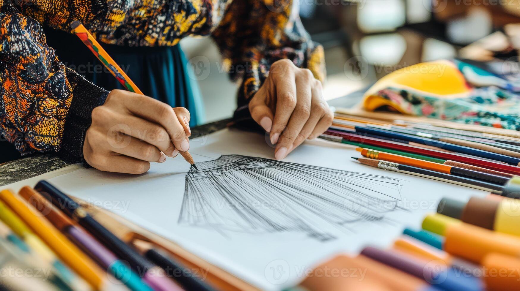 A designer focuses intently as they outline a dress with colorful pencils photo