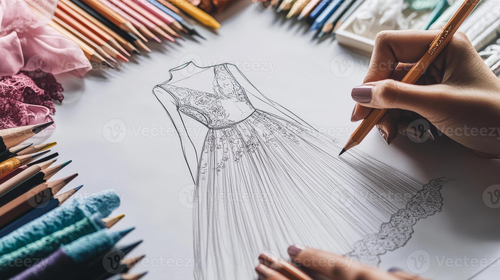A designer creates a beautiful dress sketch with colored pencils around photo