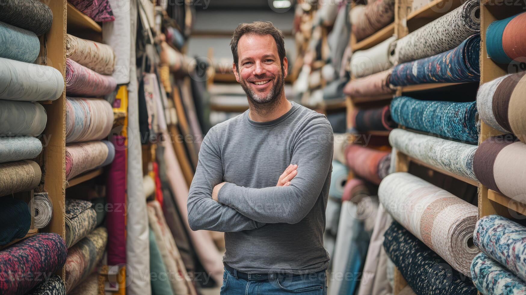 Fabric rolls in a colorful shop surround a smiling man with crossed arms photo