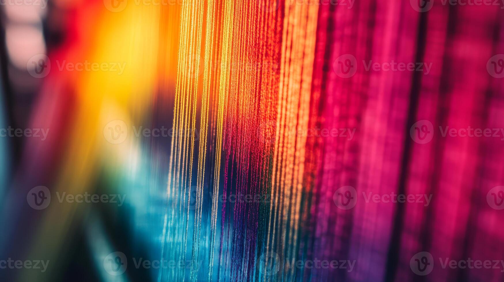 Colorful threads dip and weave together in a sunset-lit textile studio photo