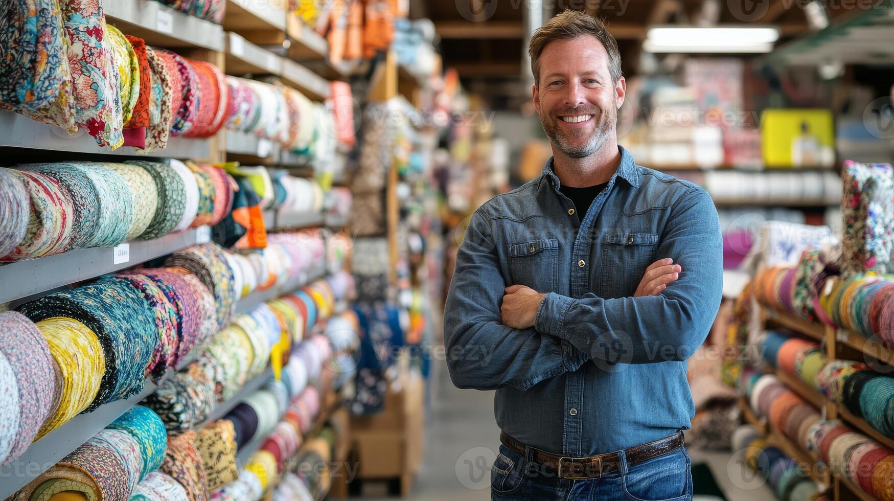 A man smiles warmly while surrounded by colorful fabric rolls in a shop photo