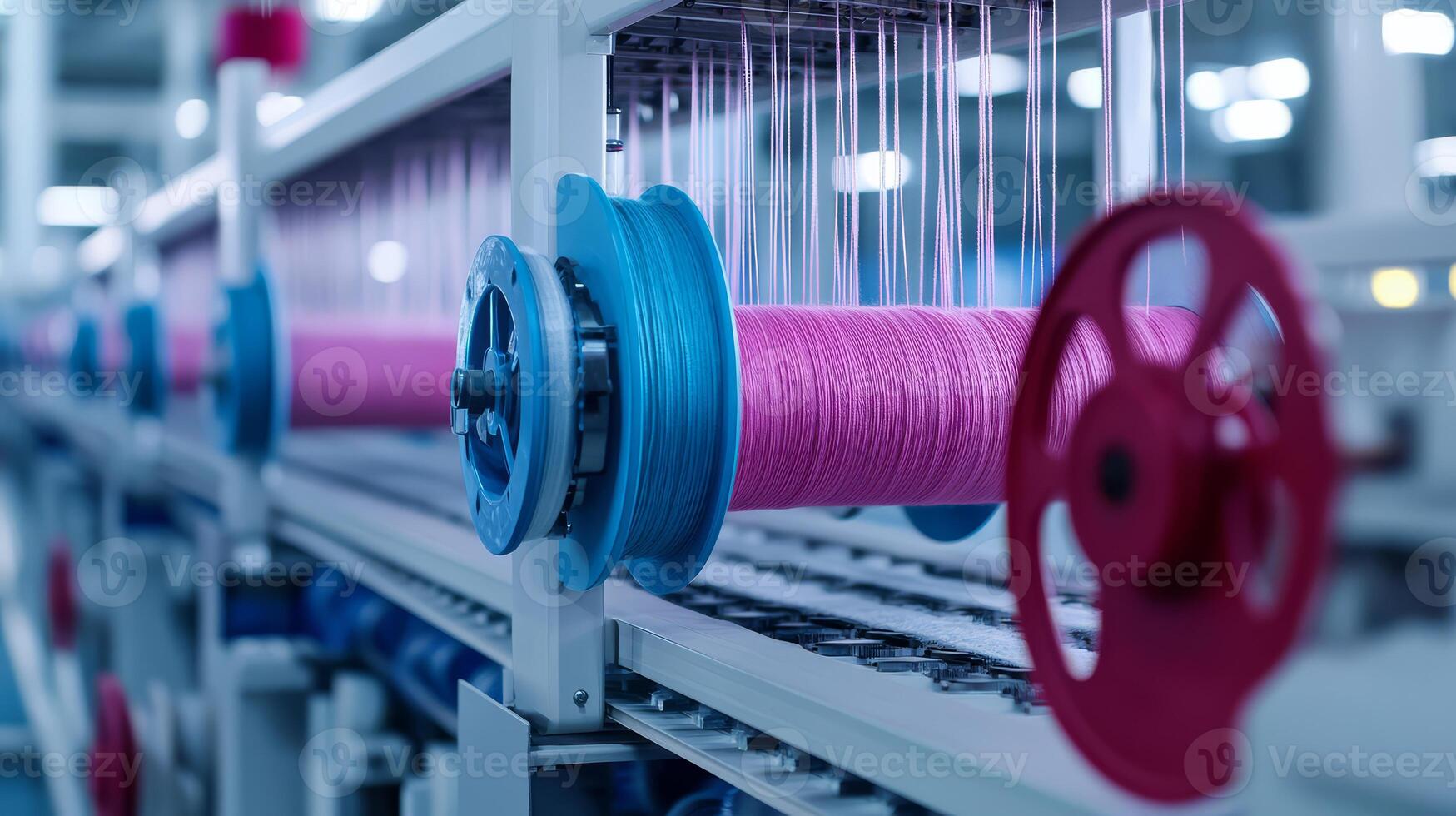 Colorful threads are spun and wound onto reels in a bustling textile factory photo