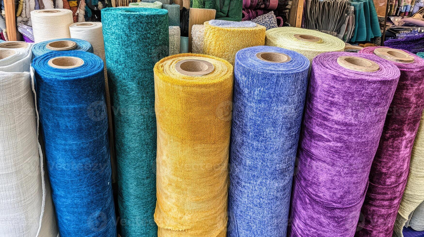 Rolls of fabric in various colors create a stunning display of textiles photo