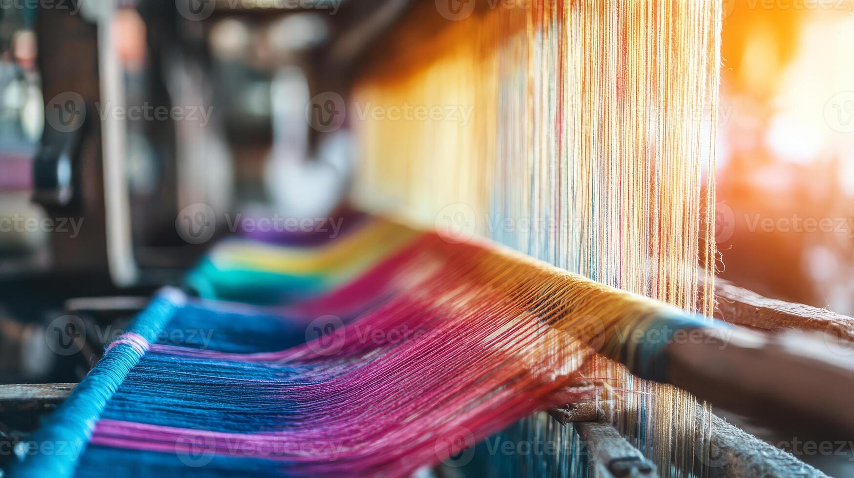 Craftsperson skillfully weaves colorful threads into beautiful fabric photo