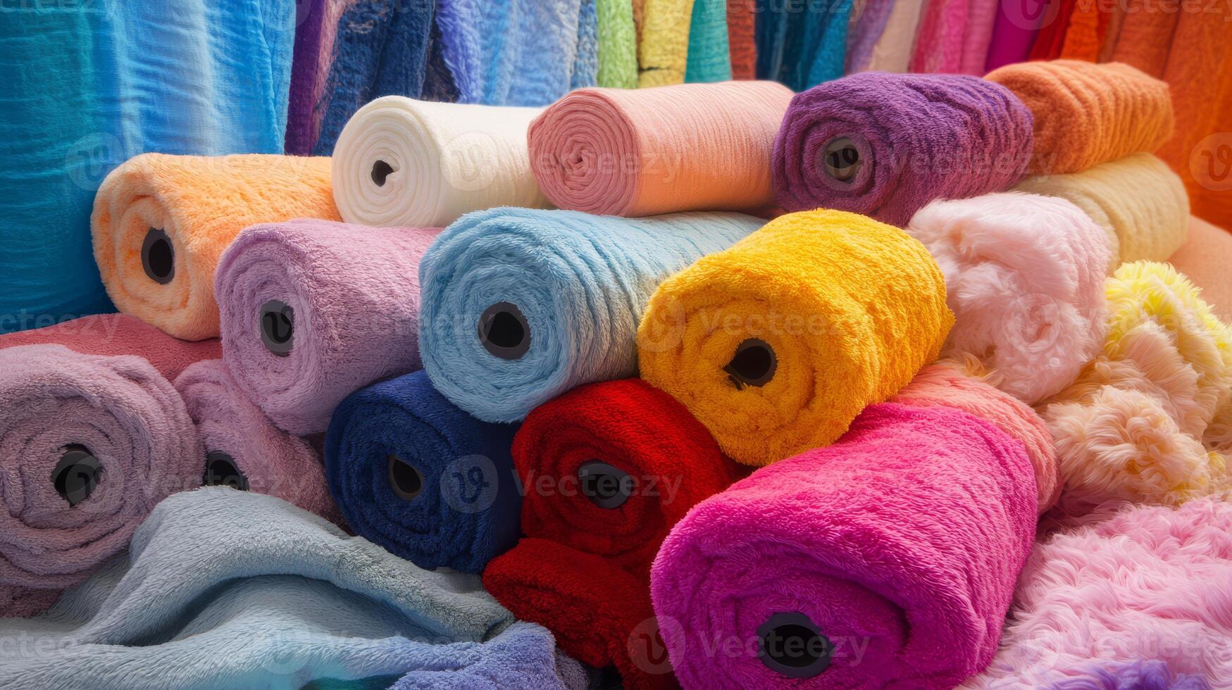 Colorful rolls of soft fabric stacked artistically, inviting creativity and inspiration photo
