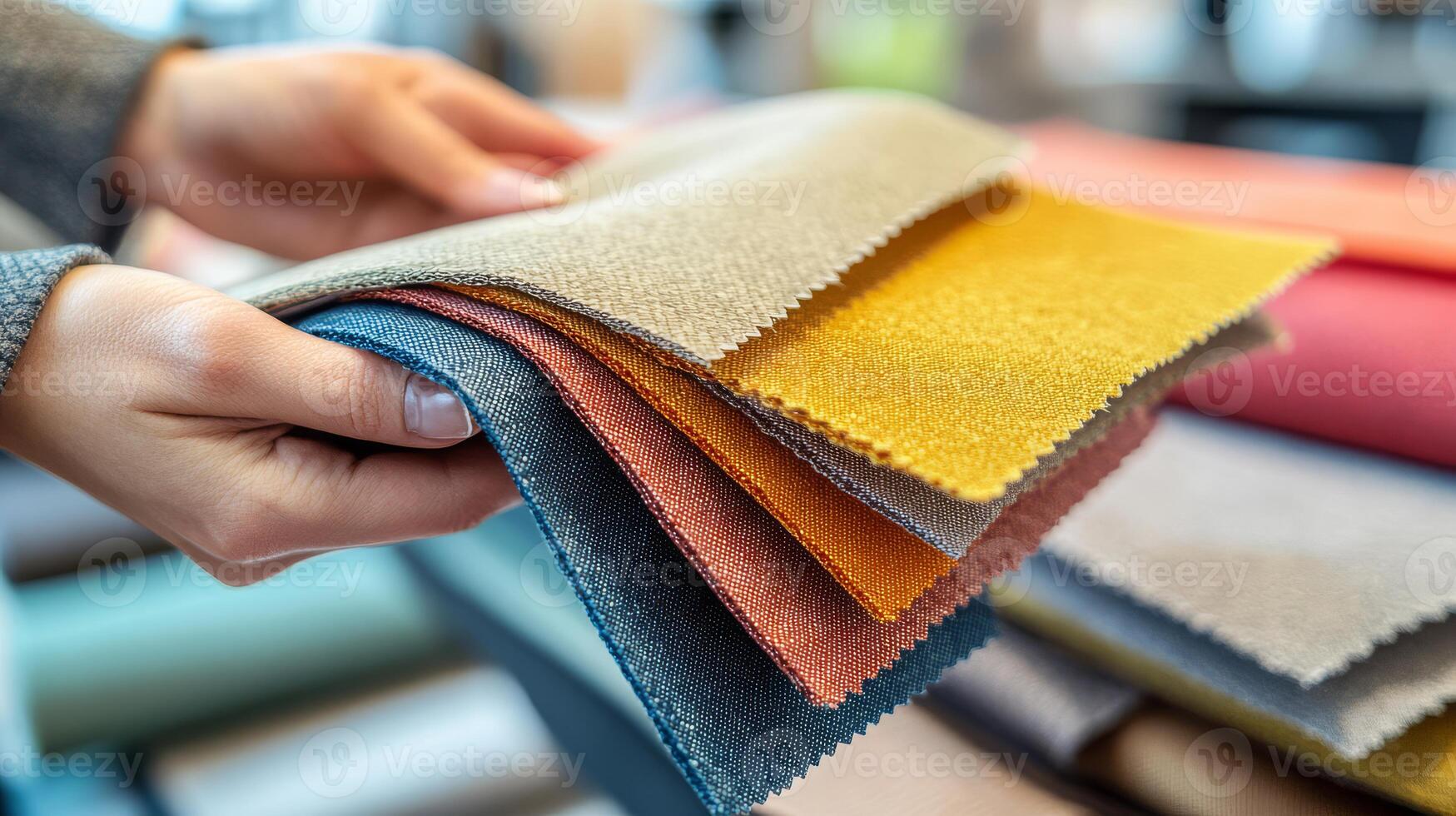 A person holds various colorful fabric swatches in a textile shop photo