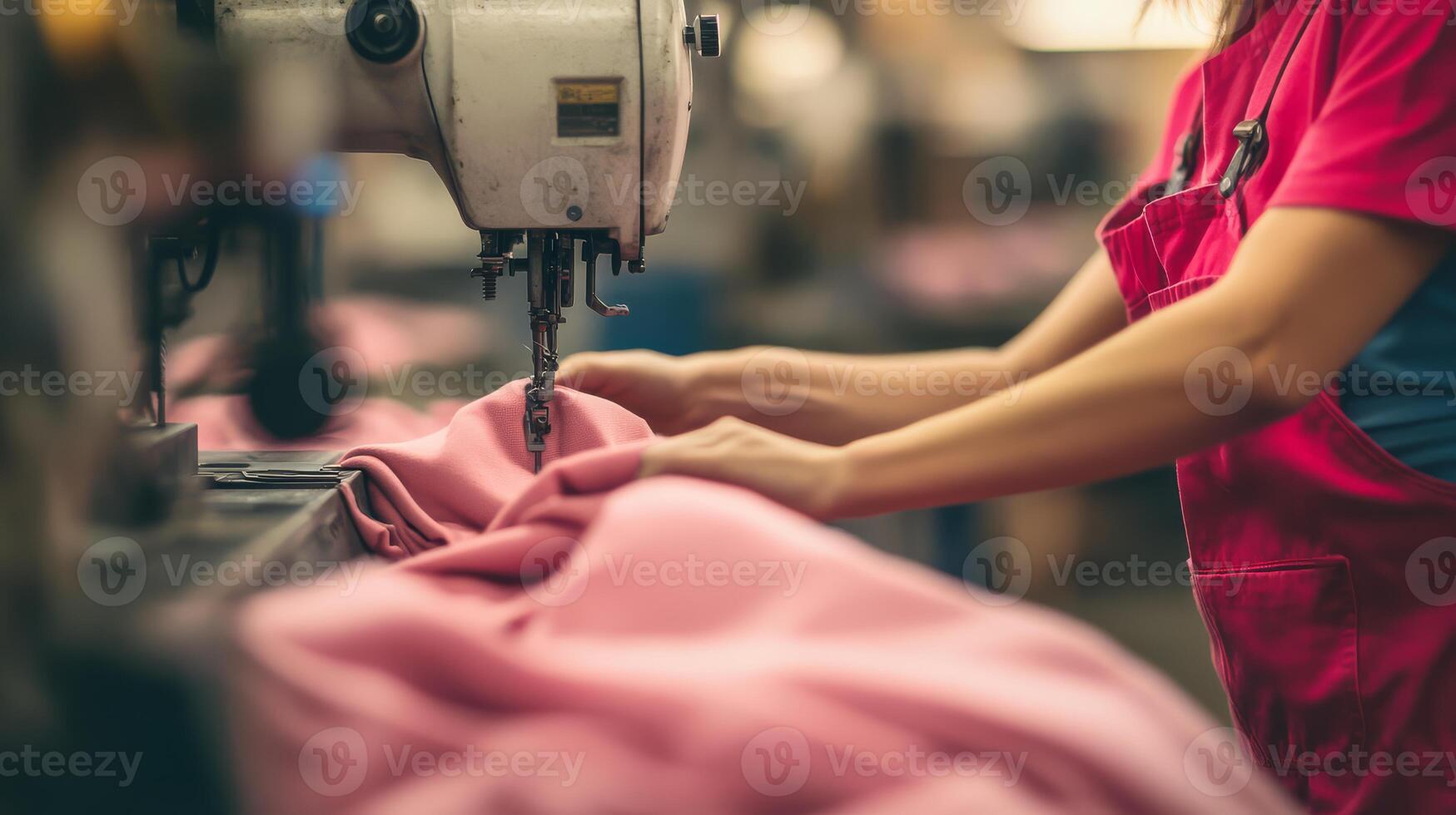 A dedicated worker crafts fabric at a busy sewing station in the workshop photo