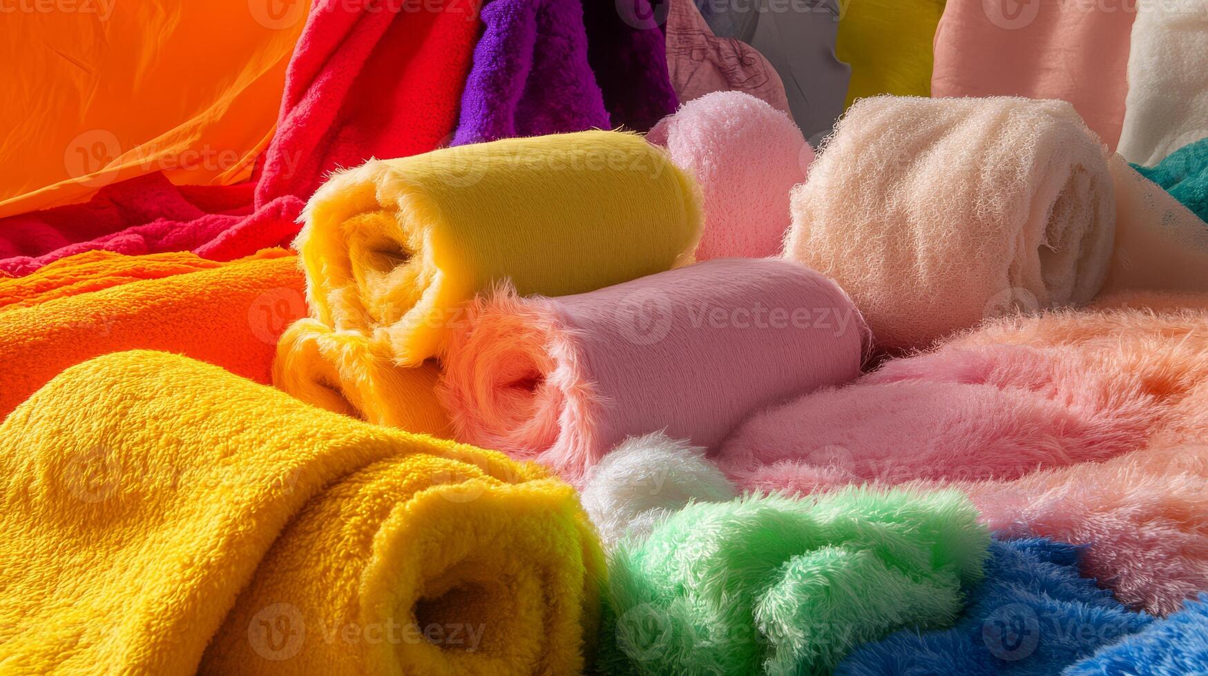 Soft, plush blankets of various colors are artistically stacked and displayed photo
