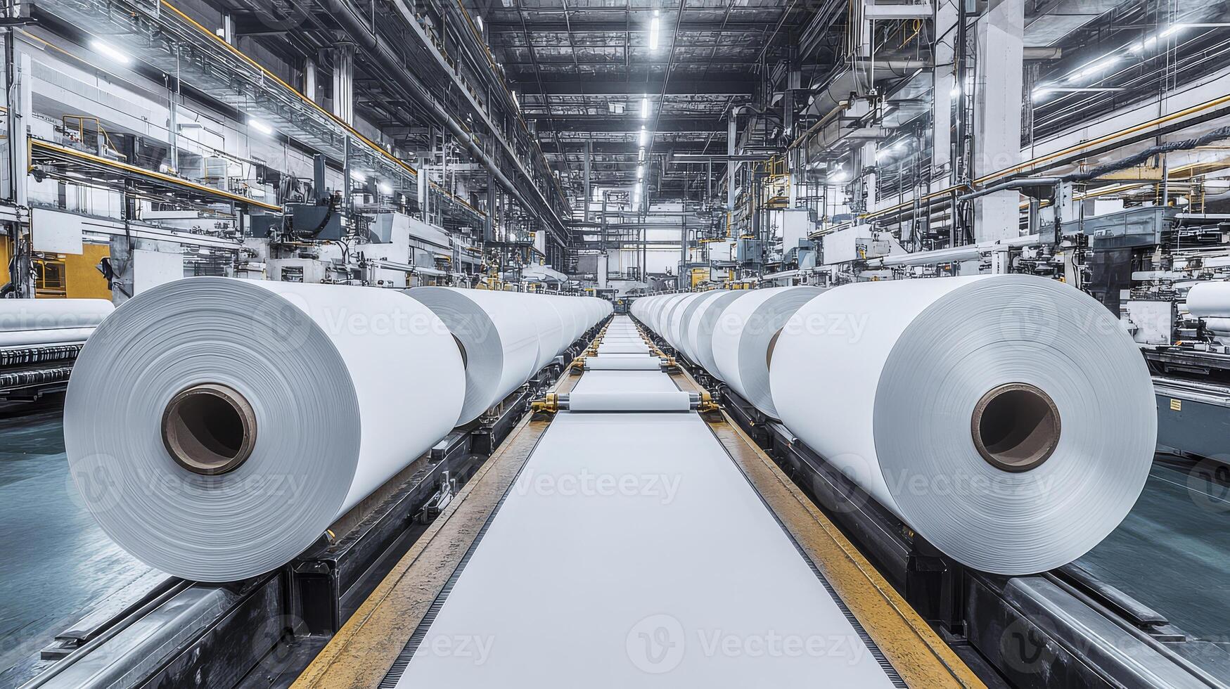 Large rolls of freshly produced paper await processing in a manufacturing facility photo