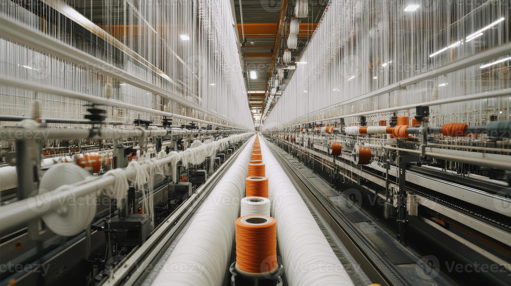 Threads of various colors intertwine in a vast textile production facility photo