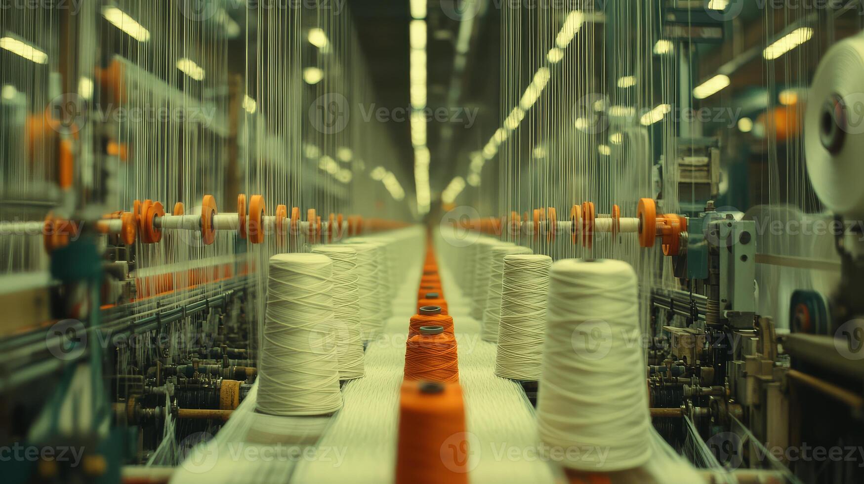Spools of yarn line the assembly line in a busy textile factory photo