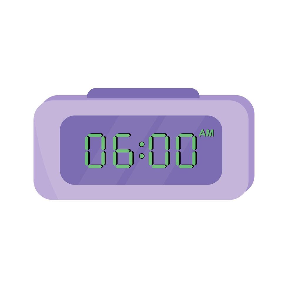 Digital alarm clock. Purple device timer, reminder symbol. Isolated on white background vector