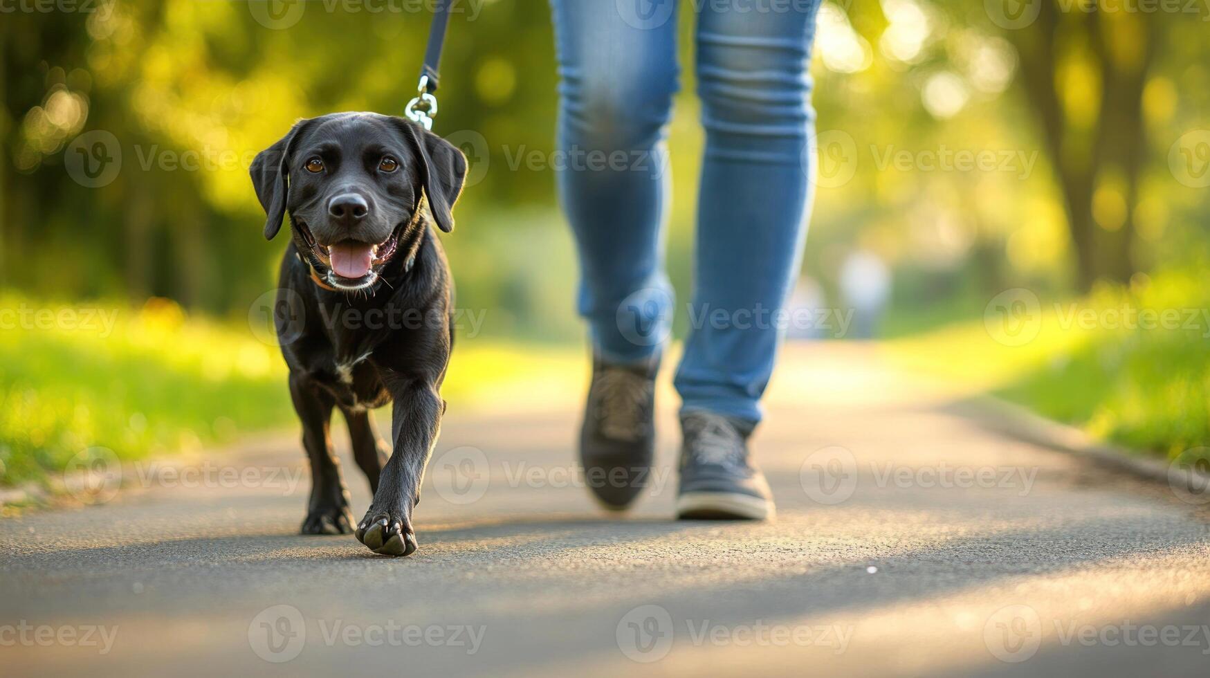 A dog is walking on a sidewalk with a leash photo