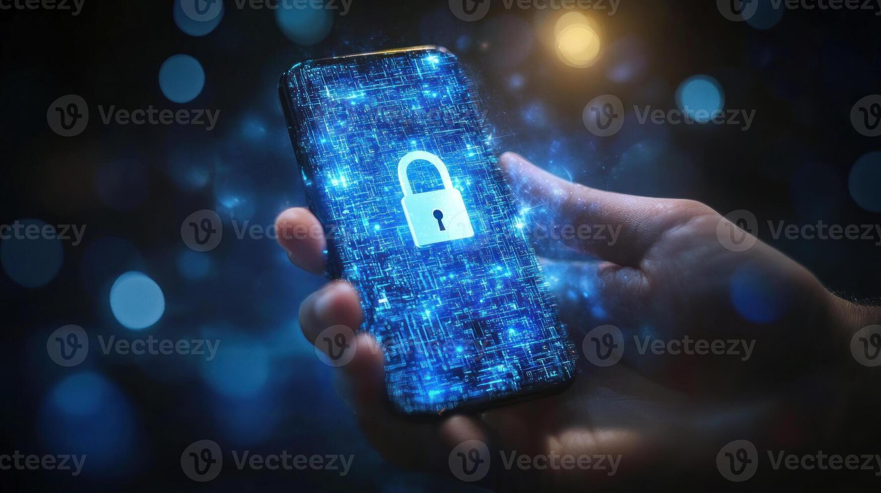 Protecting Personal Information with Advanced Digital Security Padlock on Smartphone. photo