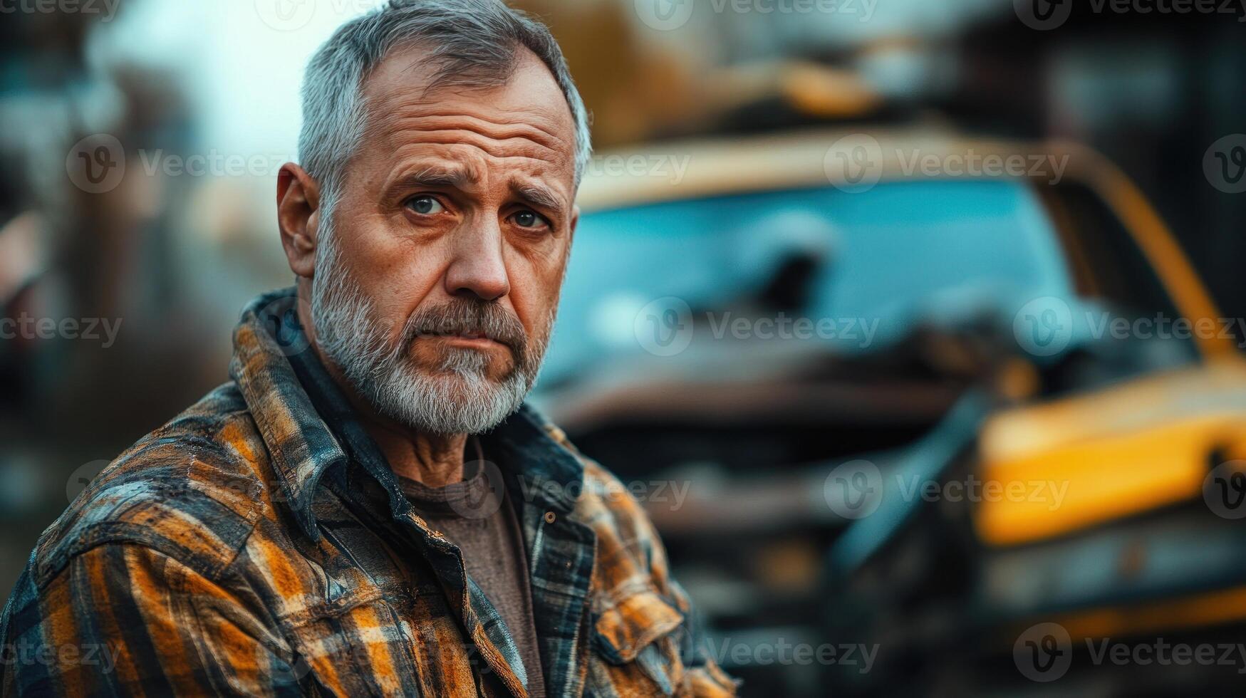 Distressed Middle-aged Man on Street with Car Accident in Background photo