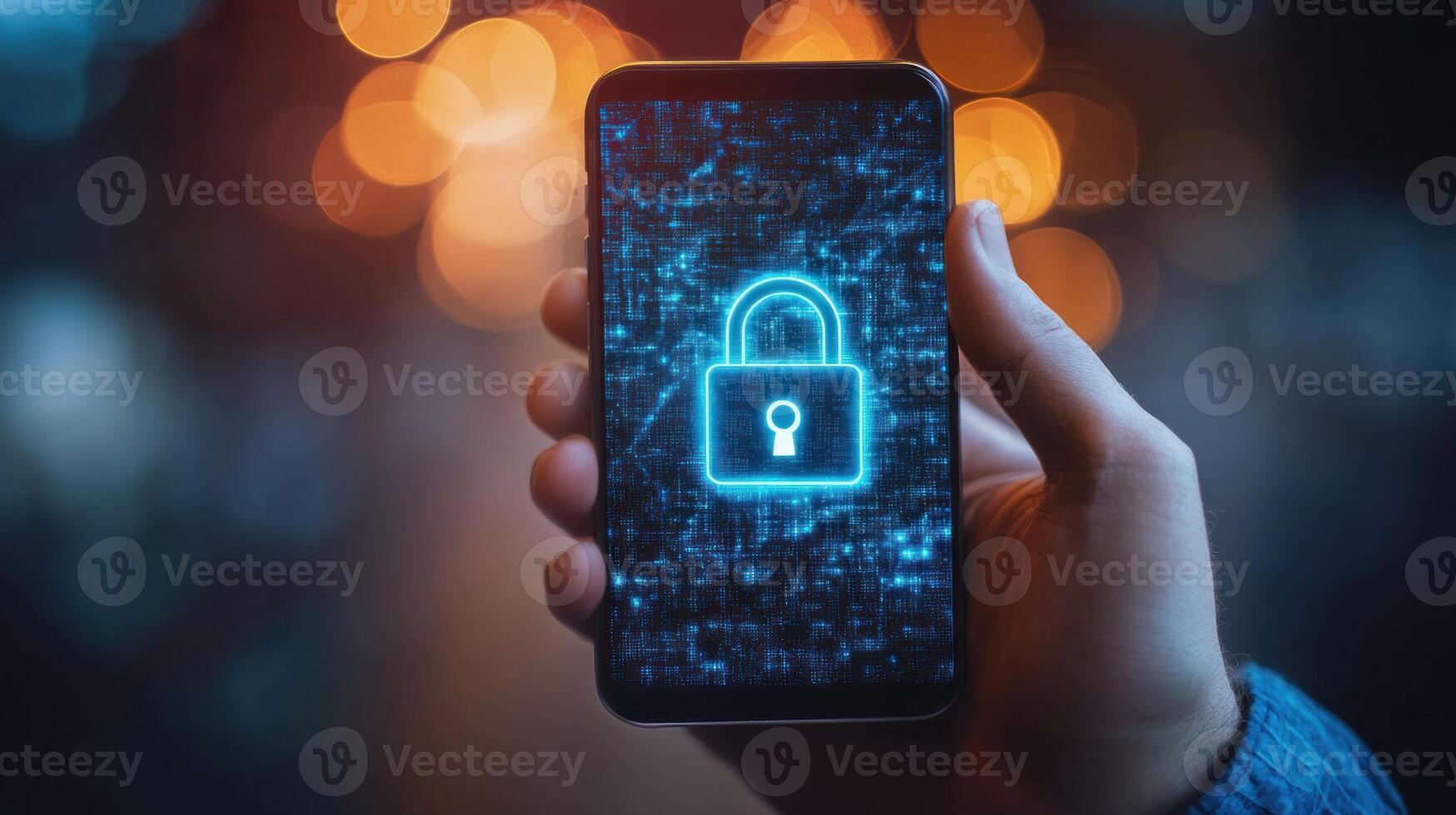 Protecting Personal Information with Advanced Digital Security Padlock on Smartphone. photo