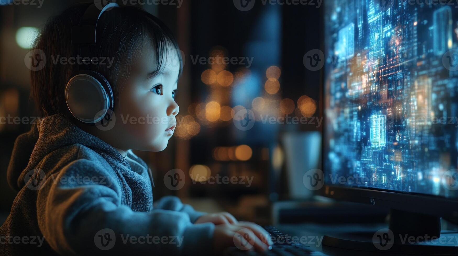 A baby playing games on computer, wearing headphone. photo