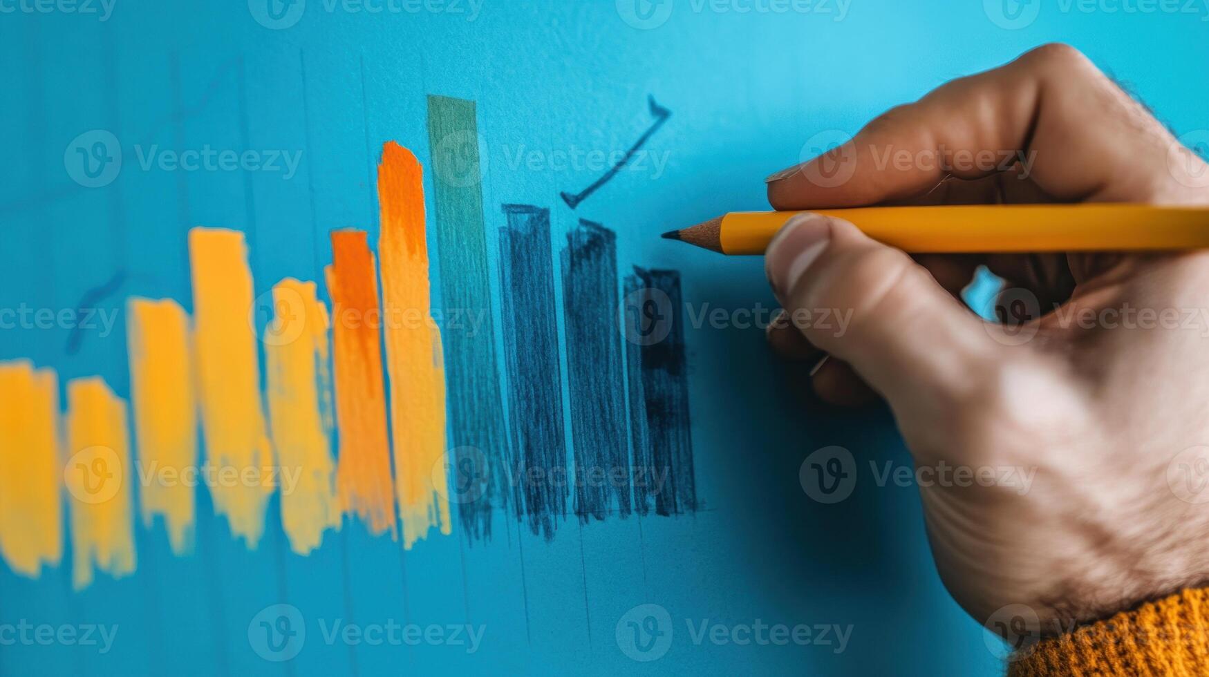 A hand is drawing a graph on a blue surface photo