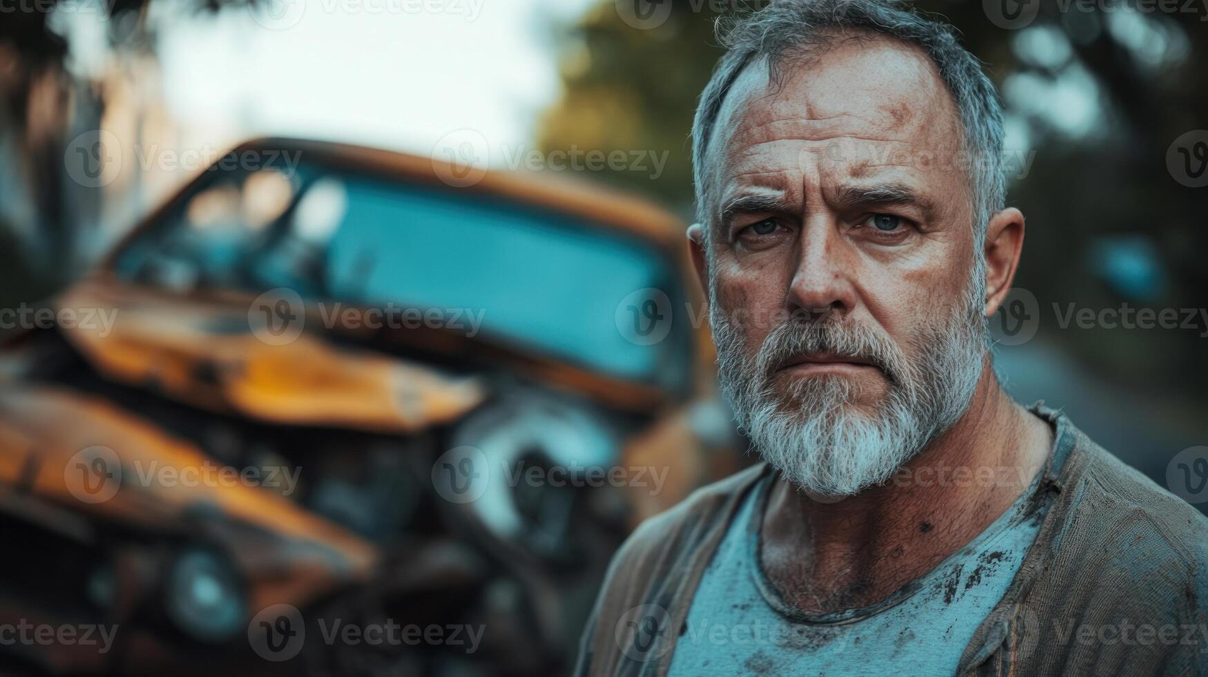 Distressed Middle-aged Man on Street with Car Accident in Background photo