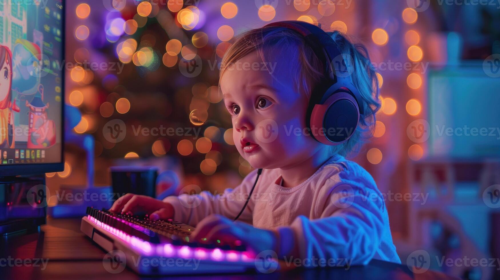 A baby playing games on computer, wearing headphone. photo