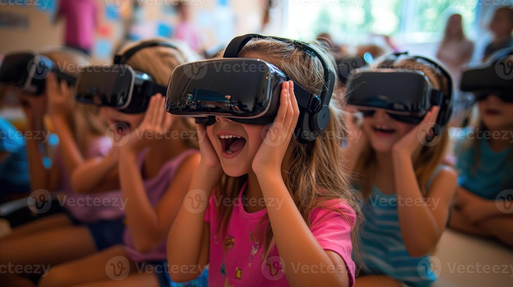 Interactive school concept of kids wearing VR virtual reality glasses. E-learning, education and learning concept. photo