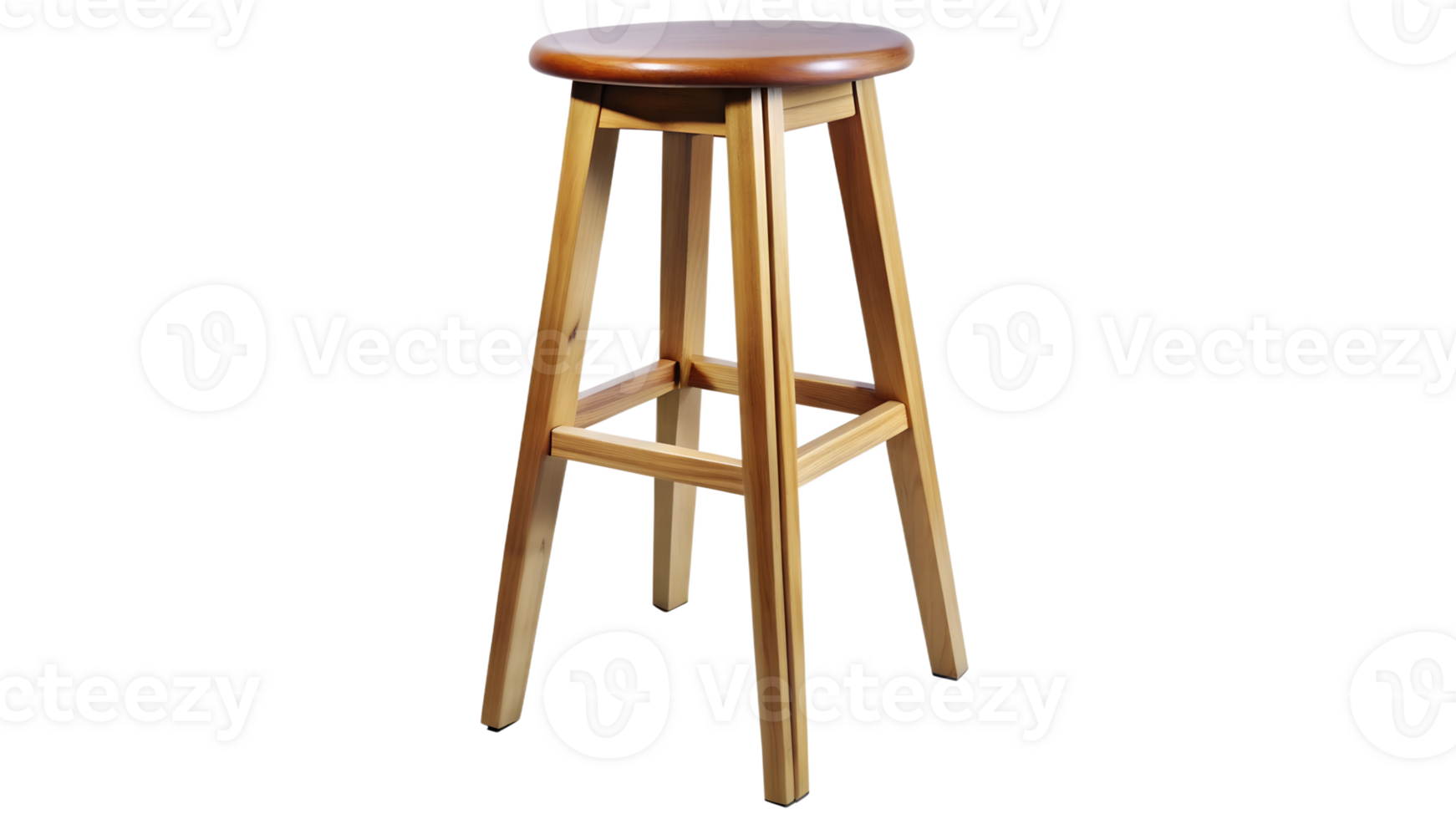 Wooden bar stool with polished round seat and four legs isolated transparent png