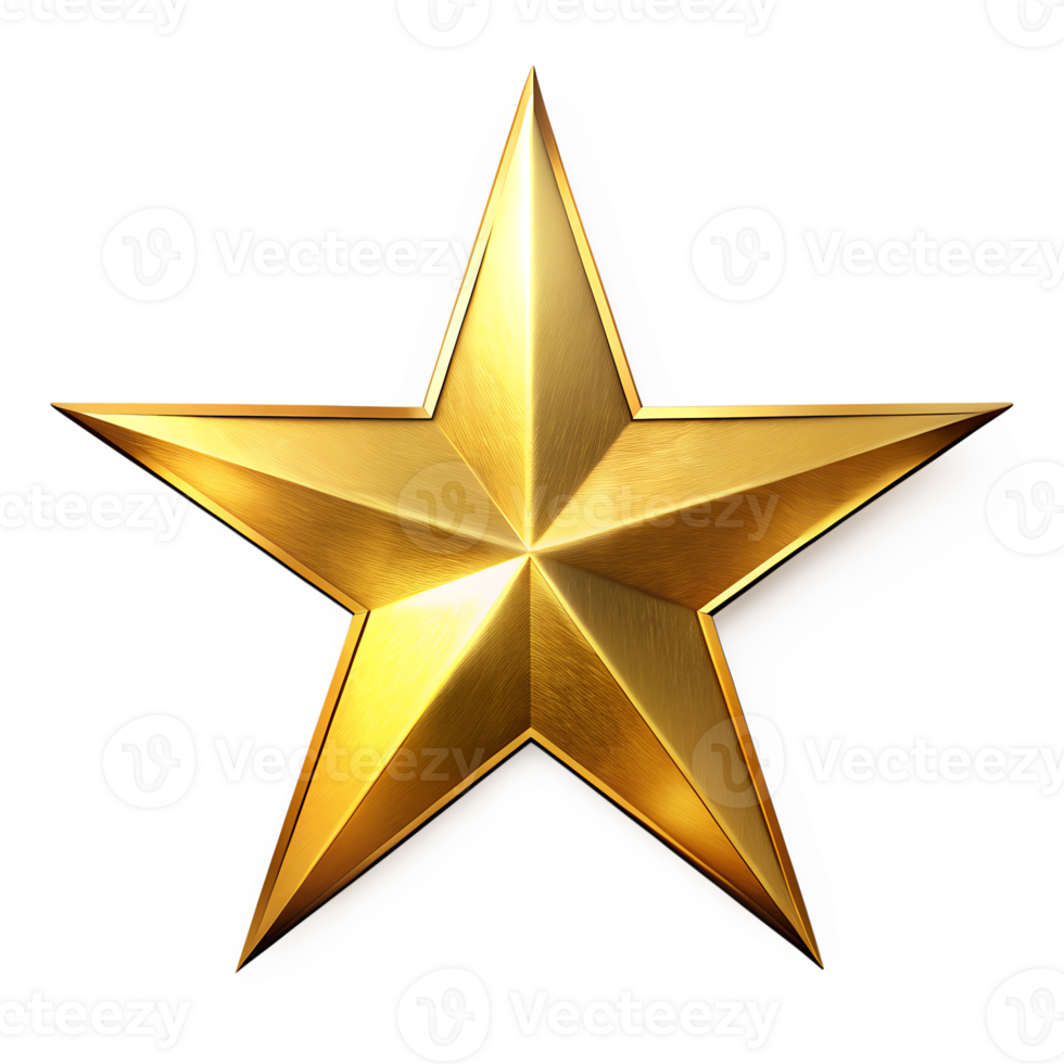 Golden five-pointed star with shiny metallic finish, transparent png