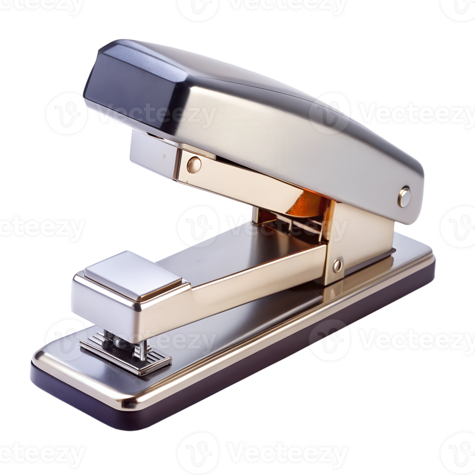 Classic metal stapler with golden accents, cut out transparent png