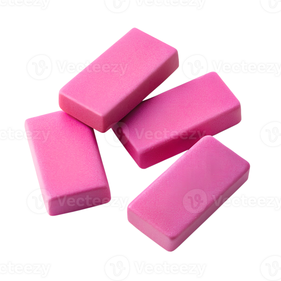 Four pink erasers stacked, cut out transparent png