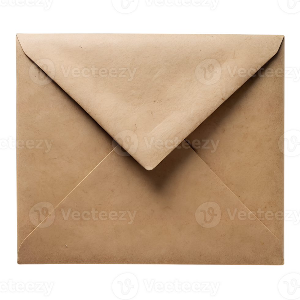 Brown kraft paper envelope front view, cut out transparent png