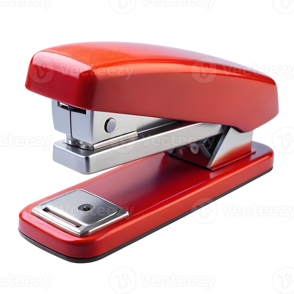 Red stapler with silver mechanism, cut out transparent png