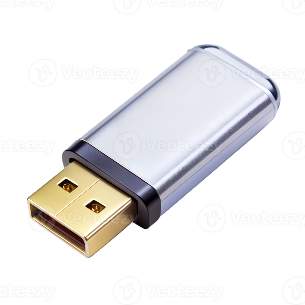 Close-up of a silver USB flash drive, isolated, cut out transparent png