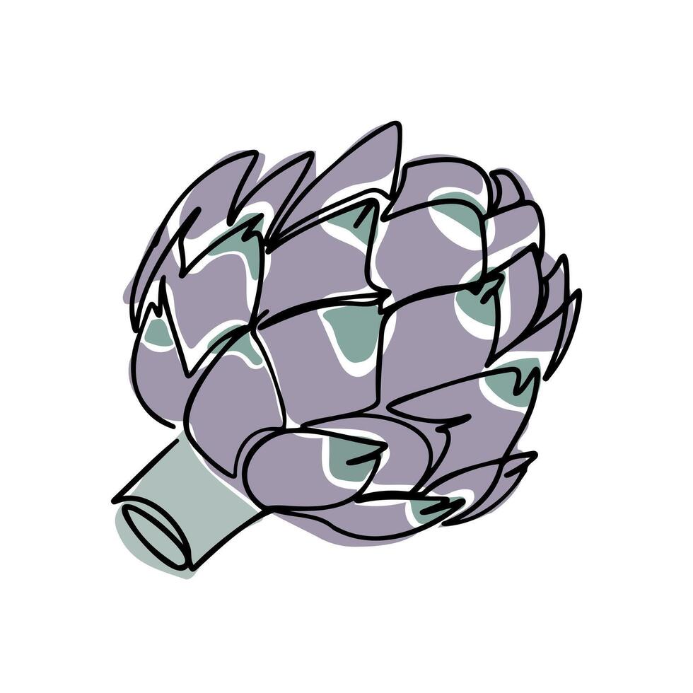 Old fashioned outline drawing of artichoke in boho style. Botanical single line retro drawing of green vegetable. Contour line outline composition isolated on white background. vector