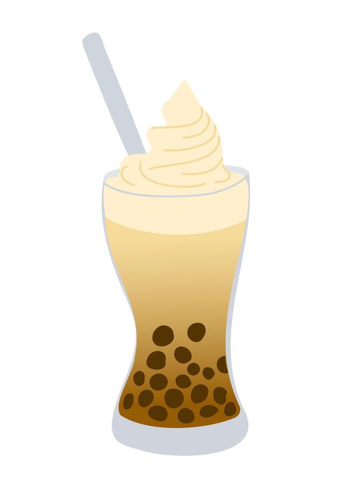 Bubble tea with tapioca pearls with whipped cream and straw. Summer vacation illustration isolated on white background. Good for decoration, stickers and logo vector