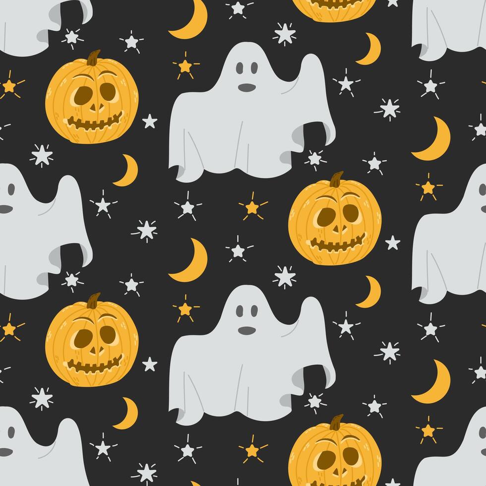 Seamless pattern with cute ghosts and jack o lantern pumpkin in flat hand drawn style on dark background. Funny textile or wrapping design of characters with different face expressions. vector