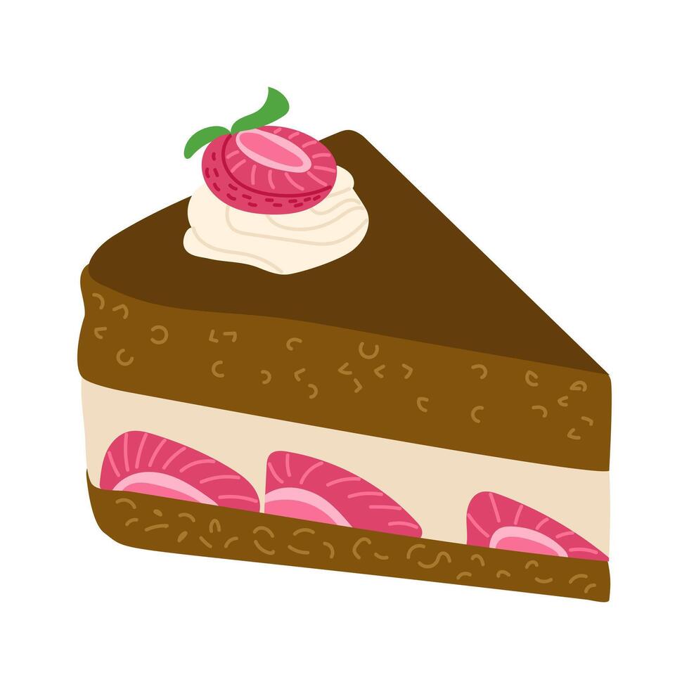 Piece of chocolate cake with strawberries and whipped cream in flat style. Flat birthday illustrations isolated on white background. Good for decoration, sticker and logo. Birthday concept vector