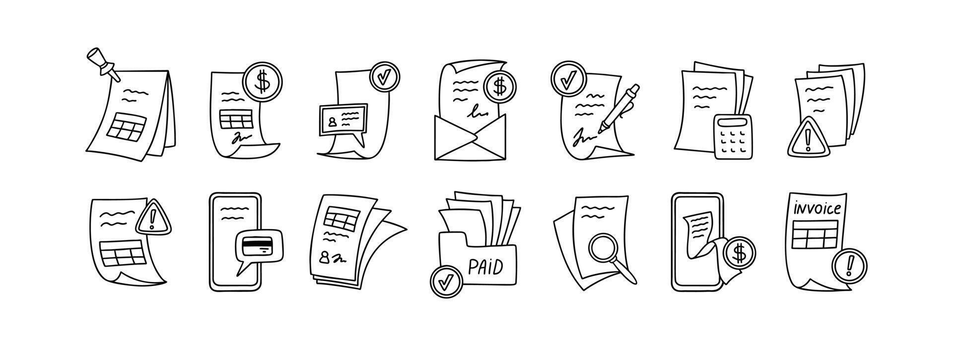 Hand drawn line doodle invoice and paying bill icon set. Online mobile payment with credit card. Documents, folder, calculations illustration, Signing business contract vector