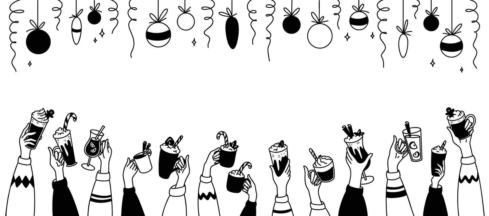 Merry Christmas and Happy New Year festive background. Fun crowd of people with hot drinks in the hands at the party celebration. Confetti and Christmas decorations vector