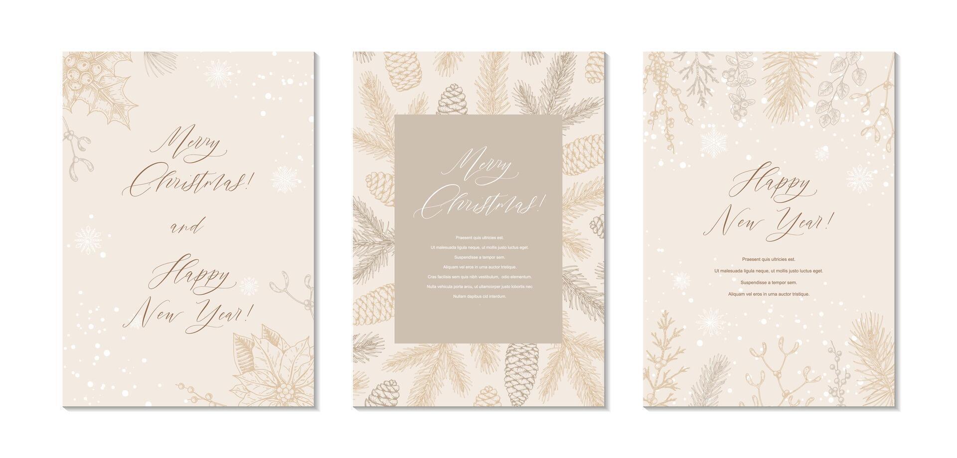 Merry Christmas and Happy New year greeting cards set. Hand drawn sketch winter postcard. Trendy holiday festive design background for invitations, certificate, social media templates vector