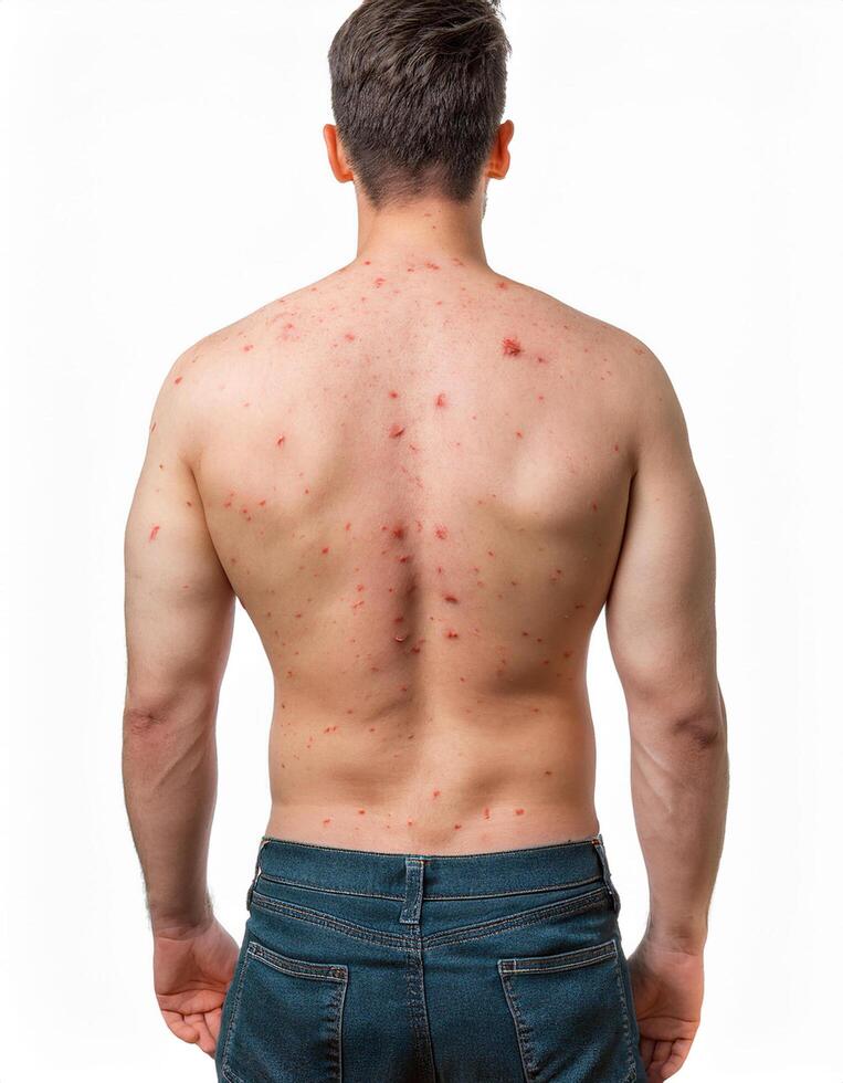 A man body has pox symptoms skin rash many small blisters, isolated on white background. the danger of viral diseases photo